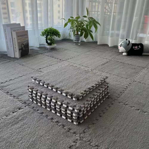 Interlocking Carpet Shaggy Soft EVA Foam Mats Fluffy Square Thickened Plush Tiles Protective Floor Tiles Exercise Play Mat for Children Kids Room Home Parlor Bedroom (Grey, 12 Pcs)