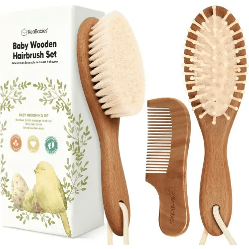 Baby Hair Brush and Comb Set for Newborn - Wooden Baby Hair Brush Set with Soft Goat Bristle, Baby Brush Set for Newborns,Baby Brush and Comb Set Girl, Boy,Toddler Cradle Cap Brush (Oval, Dark Walnut)