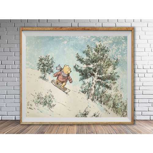 Winnie-the-Pooh on a Snowboard Fine Art Print |Nursery Wall Decor, Baby Shower Gift st1 #ana465