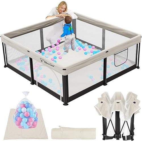TOREVSIOR Foldable Baby Playpen with Mat, 50"×50" Collapsible Play Pen for Babies and Toddlers, Indoor & Outdoor Kids Safety Play Pen, Portable Play Yard, Foldable Baby Playpen with 50 Ocean Balls