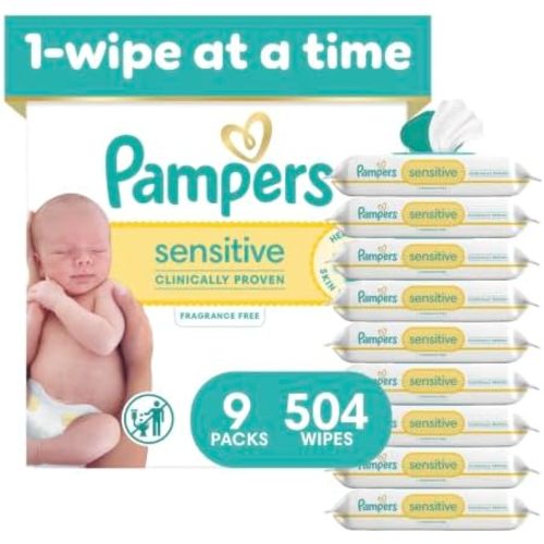 Pampers Sensitive Baby Wipes, Unscented, Fragrance Free, Clinically Proven, Water Based, Hypoallergenic, Multi-Use, Hand Wipes, 504 Wipes Total (9X Flip-Top Packs)