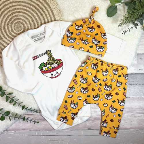 Kawaii Ramen Baby Clothes Set, Cotton Leggings Bodysuit and Hat