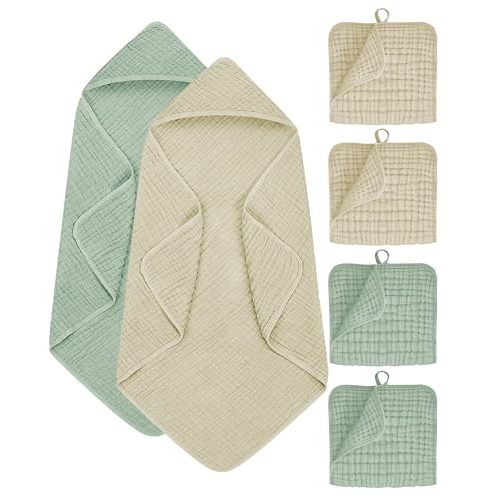 6Pcs Baby Muslin Hooded Bath Towels and Washcloths,32"x 32" Muslin Cotton Hooded Baby Towels for Newborn Shower