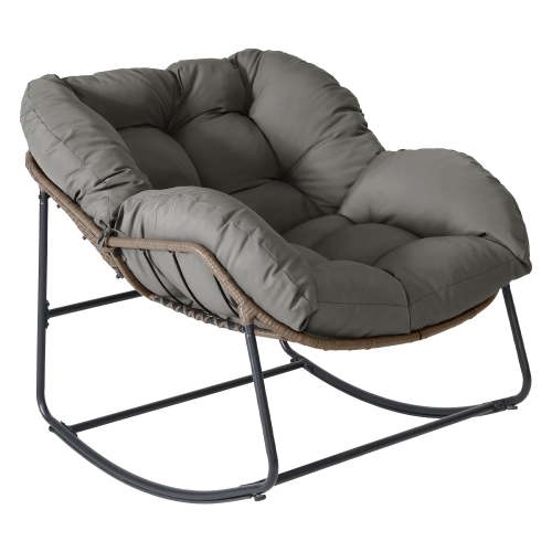 LHBcraft Oversized Patio Rocking Chair with Thick Cushion, 450lbs Capacity, All-Weather Wicker Lounge Chair, Comfy Lounge Chair for Backyard, Poolside, Living Room, Brown Wicker with Dark Grey Cushio