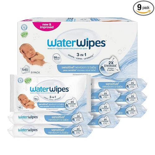 WaterWipes Sensitive+ Newborn & Baby Wipes, 3-In-1 Cleans, Cares, Protects, 99.9% Water, Unscented & Hypoallergenic, 540 Count (9 Packs)