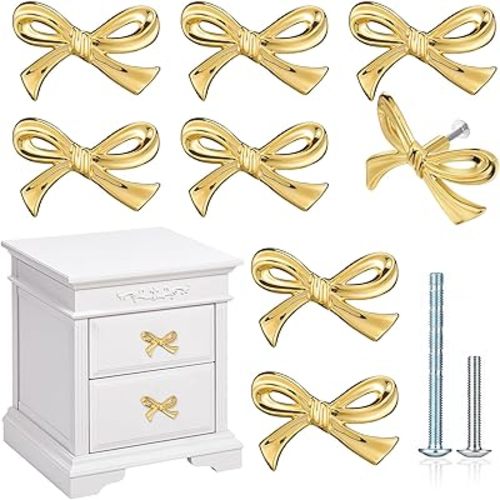 MorningRo 8 Pcs Gold Bow Drawer Knobs Brass Bow Knobs for Dresser Decorative Brass Drawer Pulls Vintage Cabinet Handles for Home Bedroom Kitchen Cabinets Hardware Cupboard (Large Size)