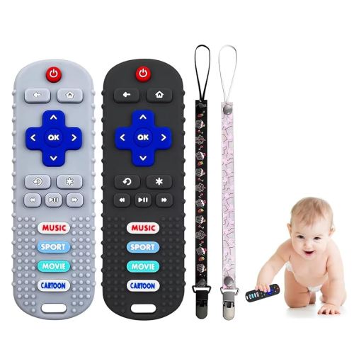 2-Pack Baby Remote Control Teether Toy for Babies 6-36 Months Silicone Infant Teething Toys Boys Girls Infants Teething Toys (Black + Gray)