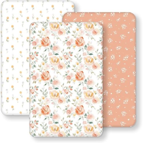 Baby Bedside Bassinet Sheets Fitted Girl, 33”x20” Compatible with Baby Delight Dream On Me & Most Rectangle Bedside Sleeper Bassinet Mattresses, Super Soft Microfiber Watercolor Flower
