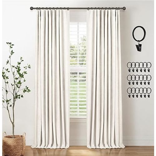 INOVADAY 100% Blackout Curtains for Bedroom, Black Out Curtains 72 Inch Long, Clip Rings Linen Blackout Drapes, Thermal Insulated Room Darkening for Living Room, 2 Panels - Beige,W50xL72