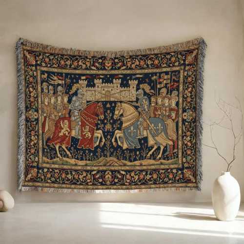 Medieval Jousting Woven Blanket | Renaissance Knight & Castle Tapestry | Vintage History Lover Gift |Cotton throw