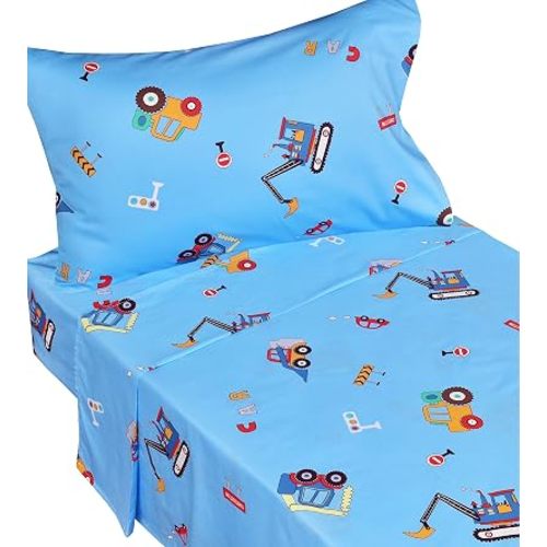 J-pinno Cars Vehicles Digger 100% Cotton 3 Pieces Cartoon Toddler Sheet Set for Kids Boys, Flat Sheet Fitted Sheet and Pillowcase, Cozy Breathable Unisex Nursery Crib Bedding Set (Blue Excavator)