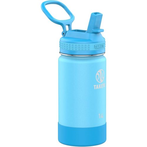 Takeya Actives Kids Water Bottle with Straw Lid - Stainless-Steel Double Wall Insulation - BPA-Free Bottle Lid with Carry Handle - Reusable Bottle with Straw Lid - 14 oz, Atlantic Blue