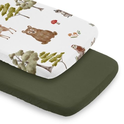 Sweet Jojo Designs Boy, Girl, Gender Neutral Baby Bassinet Fitted Sheets Set Watercolor Woodland Forest Animals Green Brown and Red 2pc