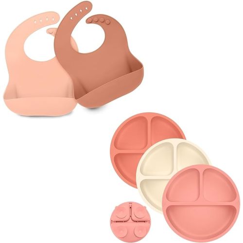 KeaBabies 2-Pack Silicone Bibs For Babies Suction Plates for Baby, Toddler - Silicone Baby Bibs for Eating, 3-Pack 100% Silicone Toddler Plates, Food-Grade Pure Silicone Bib