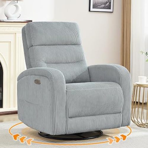 Power Glider Recliner Nursery Chair,Swivel Rocker Recliner with Adjustable Backrest Support,Corduroy Nursery Rocking Chairs Recliner with USB and Type-C Ports for Nursery Living Room(Grey)