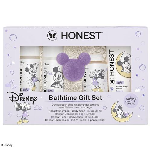 The Honest Company Calm Lavender Bathtime Gift Set + Disney Design | Hypoallergenic Bath for Sensitive Skin | Shampoo + Body Wash, Face + Body Lotion, Bubble Bath, Conditioner, Sponge