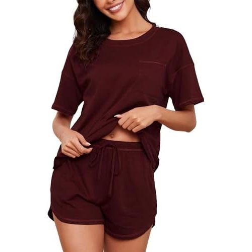 KCW Pajamas for Women Set 2 Piece 100% Cotton Lounge Sets Short Sleeve Top and Shorts Pj Set Sleepwear Outfits