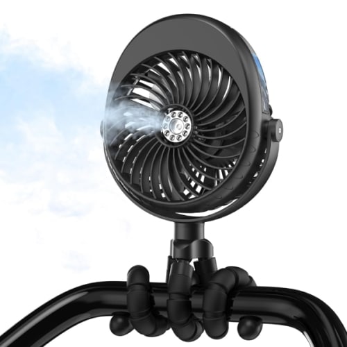 2025 Upgarded 4000mAh Misting Baby Stroller Fan, Rechargeable Battery Operated,Max 15Hrs Cooling,50ml Portable Water Sprayer Misting Fan with Flexible Tripod Clip on Car Seat Crib Treadmill Bunk Bed