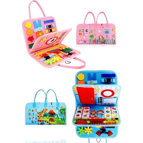 Guolely Busy Board Montessori Toys Pink & SkyBlue, Preschool Learning Activities Educational Toy - Busy Book Travel Sensory Toy for 1-6 Year Old Toddlers,Boys & Girls & Autistic