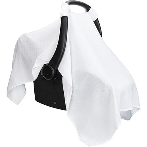 Comfy Cubs Baby Car Seat Cover - Soft, Breathable Bamboo Rayon and Muslin Cotton Blend - Lightweight Canopy for Sun, Bug, and Comfort Protection - Large Size Infant Seat Cover in White Design