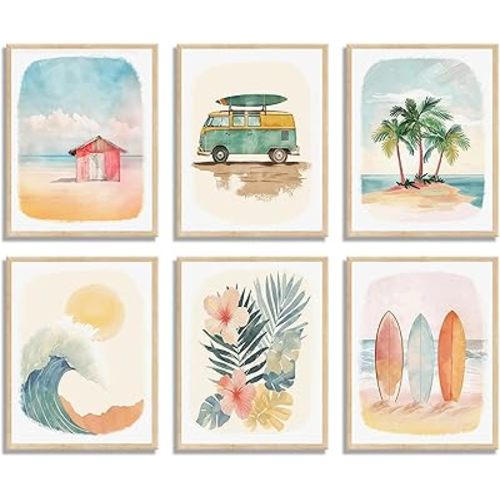 ZUGHRERF 6Pcs Beach Nursery Wall Art Coastal Summer Surf Canvas Poster Watercolor Beachy Print Ocean Theme Print Painting Palm Trees Surfing Prints for Kids Children Room Decor 8X10in Unframed