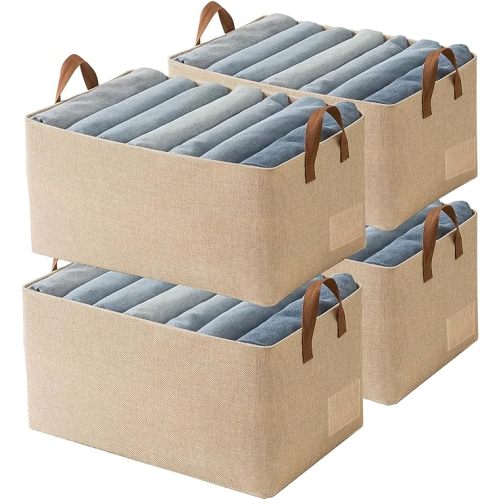 AARAINBOW Linen Closet Organizer Storage Bin with Steel Frame, Stackable Fabric Jeans Baskets for Shelves, 4 Packs Foldable Wardrobe Clothes Box for Sweater Pants Clothing Towel Shirt Felt, 23L Beige