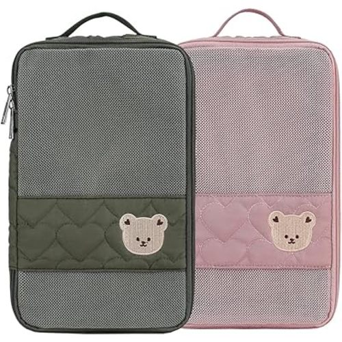 Baby Diaper Bag Organizer Pouches - 2 Pack Waterproof Pod Hanging Diaper Bag Cute Bear Mesh Bag Reusable, Washable or Baby Cloth Diapers (Green&Pink)
