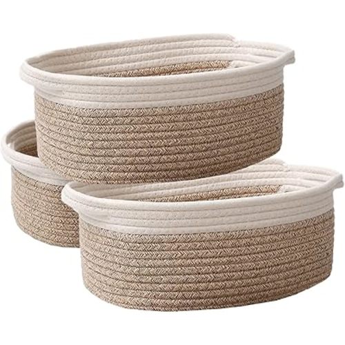 Woven Basket,Small Rope Storage Bin with Handles & Ribbon Bag, Organizer for Shelves Closets,Gift Basket Empty for Birthday,Books,Dog Toys, White&Oatmeal/3 Pack