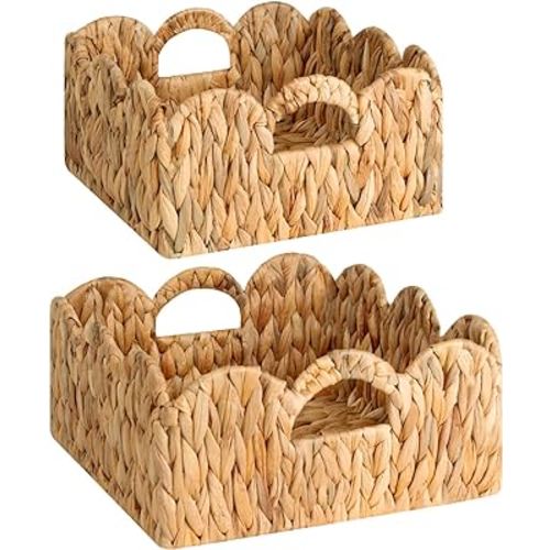 StorageWorks Scalloped Wicker Basket, Hand-woven Rattan Baskets with Built-in Handles, Water Hyacinth Basket for Organizing and Decor, 2 Pack