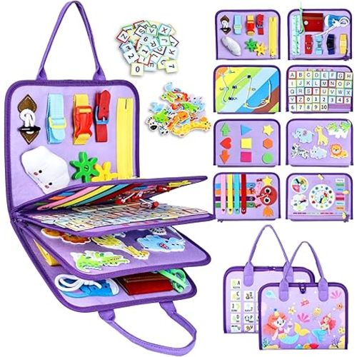 Esjay Toddler Busy Board Montessori Toys for Girls, Sensory Book Educational Activities Learning Fine Motor Skills, Birthday Gifts for Girls Toddlers, Travel Toys for Airplane Car, Purple Merpeople