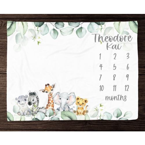 Safari Animal Milestone Blanket Boy Monthly Photos Blanket-Personalized Baby Boy Blanket with Watercolor Safari Animals Baby Shower Gift 330