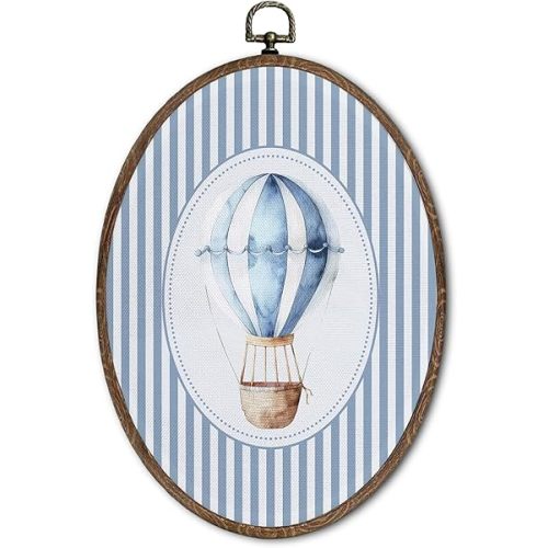 FLAWAFLOMA Vintage Hot Air Balloon Nursery Oval Wall Art Decor, Kids Room Canvas Wall Art Framed, Hot Air Balloon Hanging Decorations for Kids Toddler Boy Nursery Room Decor, 8.6x11.4 Inch