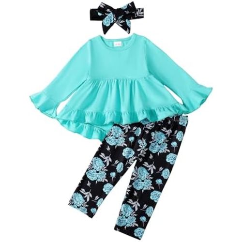 Kucnuzki Baby Girl Clothes Toddler Girl Outfit Ruffle Sleeve Shirt Floral Pant Set Fall Winter Clothing for Girl