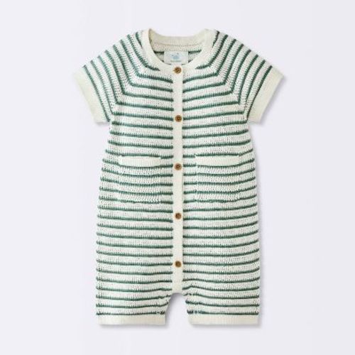 Baby Boys' Short Sleeve Striped Sweater Romper - Cloud Island™ Green 0-3M