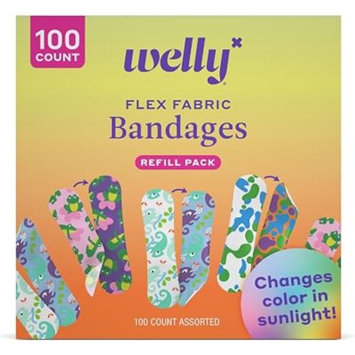 Welly Bandage Color Changing Refill Pack | Adhesive Flexible Fabric Bandages | Assorted Shapes and Patterns for Minor Cuts, Scrapes, and Wounds - 100 Count