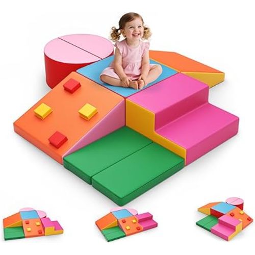 Lischwert Foam Climbing Blocks for Toddlers 1-3, 7pcs Soft Play Set with Crawling Exploration Toys, Indoor Outdoor Infant Safe Blocks for Baby Gym Toddler Playground