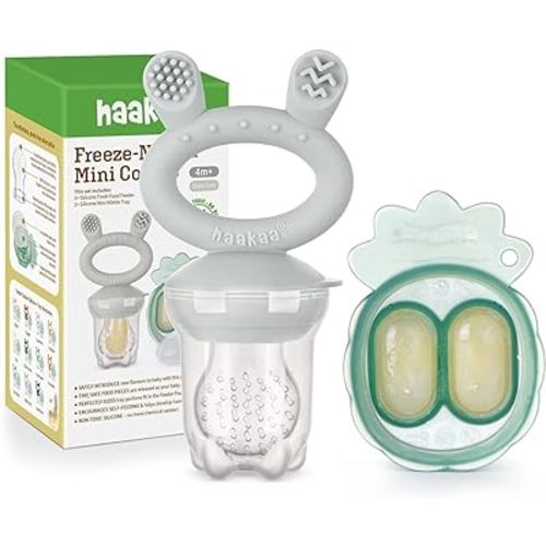 Haakaa Baby Fruit Food Feeder & Mini Freezer Nibble Tray Combo, Breastmilk Popsicle Molds for Baby Cooling Relief, BPA Free Silicone Feeder for Safe Infant Self Feeding, 4 Month+ (Slate Grey)