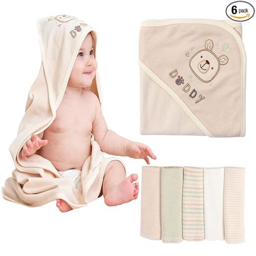 6-Pack Organic Cotton Baby Bath Set - Embroidered Hooded Towel & 5 Soft Washcloths, Ultra Soft Newborn, Toddlers, Registry Gift for Boys & Girls, Brown 37.5 x 37.5 Inches