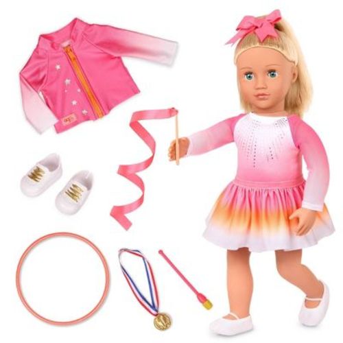 Our Generation Indy 18" Doll & Gymnastics Accessory Set: Blonde Hair, Blue Eyes, Sports Theme, No Articulation