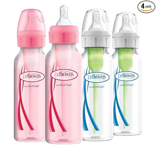 Dr. Brown’s Natural Flow® Anti-Colic Options+™ Narrow Baby Bottles, 8 oz/250ml, with Level 1 Slow Flow Nipple, 4 Pack, Pink/Clear