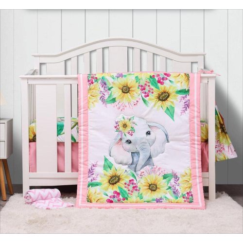 Sweet baba Pink Cartoon Elephant Crib Bedding Set for Girls,5 Piece-Crib Sheet/Crib Skirt/Quilt/Blanket/Diaper Bag