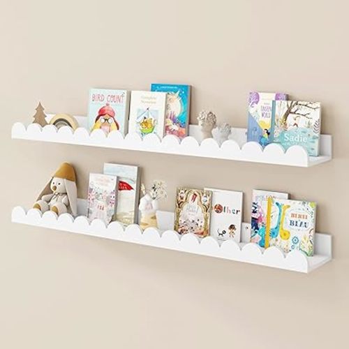 Fun Memories 32 Inch White Floating Shelf, Scalloped Picture Ledge for Nursery, Set of 2, Wall Mounted Book Shelves for Kids Room, Toddler Room