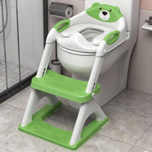 SKYROKU Potty Training Toilet, 2-in-1 Anti-Slip Seat with Step Stool | Wide anti-slip base holds 200+ lbs.Fits round & elongated toilets,6 heights.Tall splash guard stops leaks.Folds to step stool