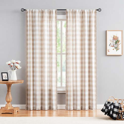 Exultantex Buffalo Check Drapes, 40"x84", Pom Pom Semi Sheer