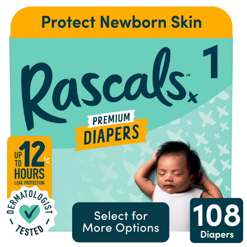 Rascal + Friends Premium Diapers, Size 1, 108 Count with 3D Core