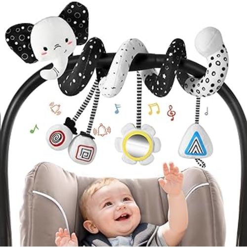 URMYWO Spiral Car Seat Toys for Babies 0-6 Months, Black and White Baby Toys, High Contrast Baby Toys for Newborn, Hanging Toy Fits Stroller, Shower Gift for Boys Girls