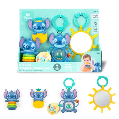 Disney Baby Stitch Tropical Treasures Gift Set by Bright Starts with 4 Stitch Inspired Toys Including Baby-Safe Mirror and Teether, Newborns & Up