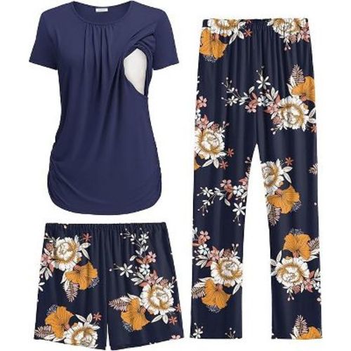 Ekouaer Maternity Nursing Pajamas Set 3 Piece Postpartum Lounge Breastfeeding Pjs Pregnancy Shorts & Pants Floral Navy Blue L