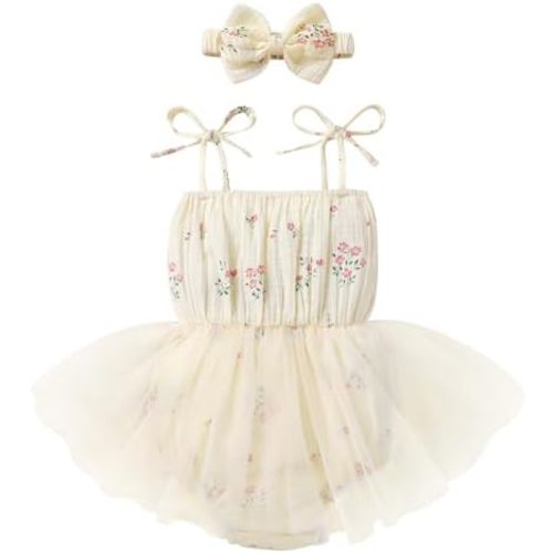 HAPPYMA Baby Girl Romper Clothes Infant Sleeveless Bodysuit Tulle Dress Toddler Summer Jumpsuit Outfits with Headband