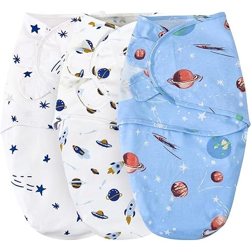 david's kids 100% Cotton 3 Pack Baby Swaddle Wrap for 0-3 Months, Soft Breathable Swaddle Blanket for Newborn Infant, Adjustable Baby Wrap Sleep Sacks for Boys Girls, Newborn Essentials, Space